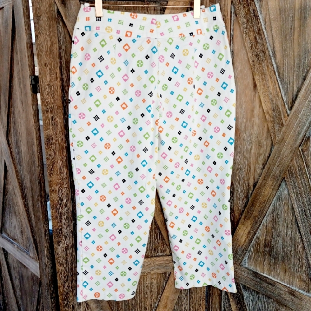 ENVY Vintage Y2k Capri Pants Size 8 White Bootleg Designer Style Geometric Print - Picture 10 of 10